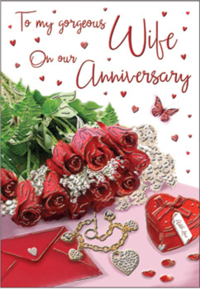 A richly romantic anniversary card is styled like a keepsake arrangement that might rest on a dresser in a Keston home, with every item placed as thoughtfully as a florist builds a bouquet. At the centre, a luxurious cluster of classic red roses takes pride of place, each bloom open and layered, their deep crimson petals curving outwards in satin-soft spirals. The roses are wrapped visually by lush green foliage, adding a sense of natural abundance reminiscent of the leafy paths around Keston Ponds. Around this floral focal point, a series of intimate objects tells a quiet love story: an elegant envelope suggests a carefully penned message, while a gleaming piece of jewellery-perhaps a necklace or bracelet-rests nearby, symbolising a milestone anniversary. A heart-shaped box in vivid red anchors the scene, its smooth finish contrasting beautifully with the textured blooms and greenery. Scattered heart motifs and tiny sparkling decorations dot the surrounding surface, catching the light like little celebrations of shared memories. A delicate butterfly illustration hovers close to the roses, adding a whimsical, hopeful touch, as if love continues to grow and change. The card's script flows in graceful lines across the background, adding a gentle narrative without overwhelming the flowers and keepsakes. Soft, even lighting creates subtle highlights on petals, leaves, and polished metal, evoking the calm, inviting ambience of a quiet evening in Keston. The entire design feels like a warm embrace-timeless, reassuring, and perfect for marking years of devotion and companionship.