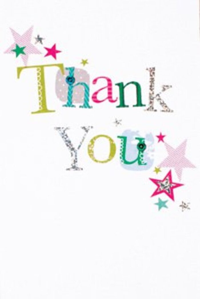 With a composition that balances both exuberance and elegance, this thank you card captures the warmth and sophistication often felt in moments of heartfelt appreciation across Keston. The letters, spaced gracefully, each radiate unique character-some adorned with playful polka dots and gentle curves, others featuring smooth, musical sweeps. The color palette is vibrant yet harmonious, with bright turquoise, fuchsia, and shimmering silver catching the eye and enlivening the immaculately white canvas. Clusters of stars, some striped in soft pink, others awash in deep teal or luminous silver, lend an air of celebration akin to the buzz of local events held along Keston's leafy streets. The overall atmosphere is modern and airy, a gentle nod to both tradition and contemporary design. This card would nestle perfectly beside a fresh bouquet of seasonal blooms sourced from the local area-a versatile token that feels neither too formal nor casual. Just as fresh flowers bring brightness to a home, this card offers gratitude that is both uplifting and memorable, as if carrying the friendly spirit of Keston itself.