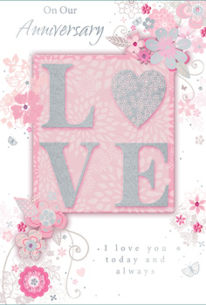 An exquisitely detailed anniversary card rests as though just placed on a table in a cosy Keston home, its design glowing with the warm tenderness of long-lasting love. At its heart, the word LOVE appears in large, raised letters brushed with a frosted glitter that sparkles gently, like sunlight catching the surface of a calm pond on Hayes Common. The texture invites a slow touch, allowing the giver and receiver to feel each letter as if tracing the contours of their shared story. Around this central word, wispy, hand-drawn flowers and soft leaf sprays drift along the borders and edges of the card. Their hues blend blush pink, lilac, and creamy ivory, with occasional hints of pale grey and silver, all carefully shaded so the blooms seem to float above the background. Fine filigree lines and tiny flourishes weave between the blossoms, and if you look closely, you can imagine spotting the suggestion of delicate butterflies, their wings hinted at in nearly hidden curves and swirls. In elegant, understated script, heartfelt anniversary words-such as I love you today and always-are woven seamlessly into the composition, sitting quietly beneath or alongside the floral motifs like a whispered promise. The soft pink backdrop and pearlescent highlights give the card an almost dreamlike glow, reminiscent of the gentle light in a Keston living room on a peaceful Sunday morning. Thoughtfully designed, the card feels like a carefully hand-tied bouquet captured on paper, a graceful companion to fresh anniversary flowers delivered locally.