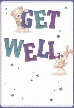 The gentle optimism of this illustrated get well card is perfectly at home in Keston, echoing the sense of support and care found throughout the village's close-knit community. A delightfully cuddly bear, perched atop the word 'GET,' and an exuberant puppy, nestled at the bold 'WELL' below, greet you with warmth and playful energy. Their affectionate expressions and softly rendered features evoke memories of comforting company during recovery. Splashes of indigo and teal colour dance across the bold, inviting letters, bringing a vibrant contrast to the crisp, clean background, much like the carefully selected blooms on display at the market stalls near Keston's village centre. Star motifs scatter upwards, brightening the entire card and suggesting hopeful wishes carried on the breeze. The overall effect is soothing, with each thoughtful detail recalling the attentive touch behind expertly arranged bouquets prepared for local families. Whether delivering a smile to someone staying near Leaves Green or as a heartfelt gesture picked up on a stroll around Keston Ponds, this card-like a lovingly crafted floral gift-offers brightness, comfort, and the promise of better days ahead.